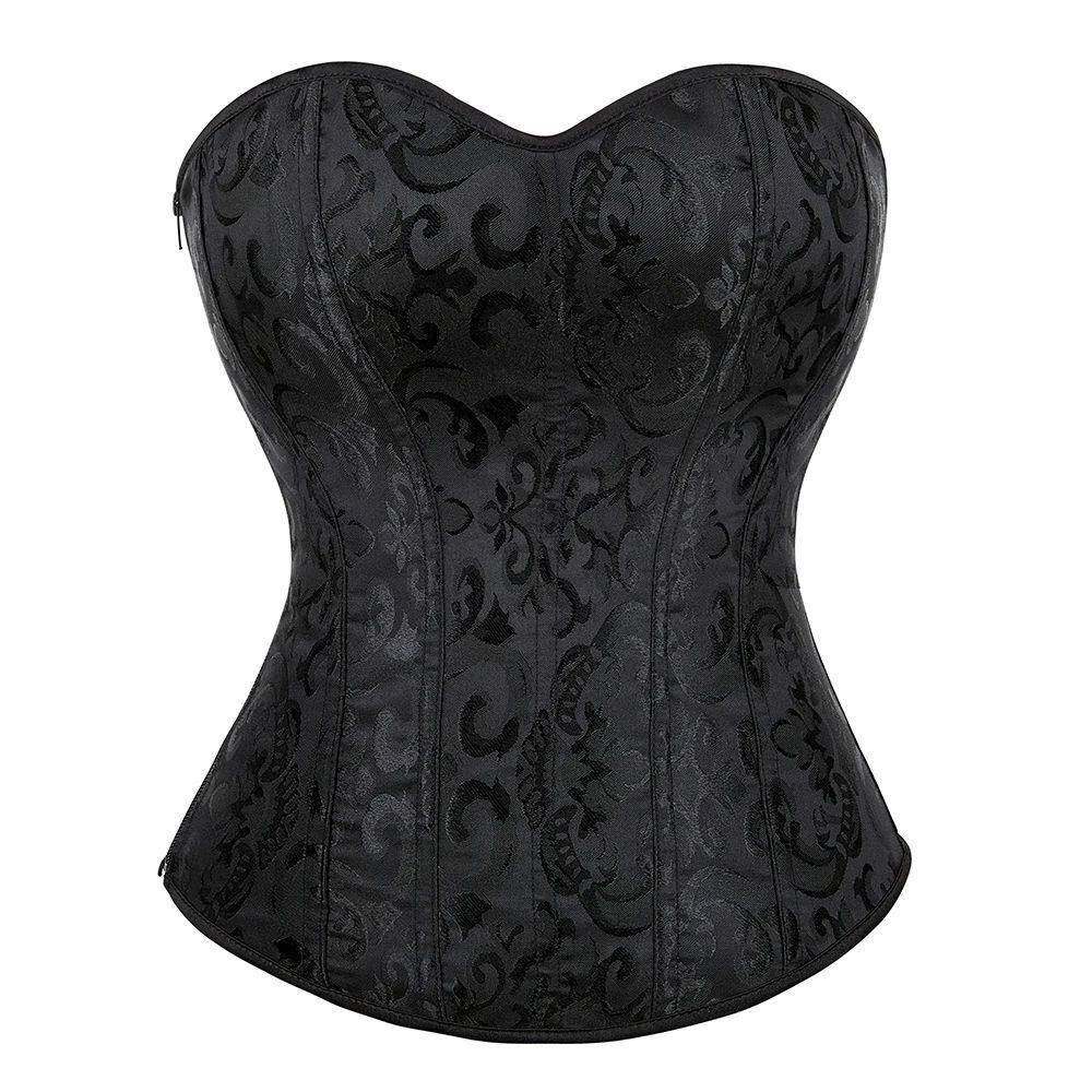 Jacquard Overbust Corset Black Side Zipper Waist Bustier Top