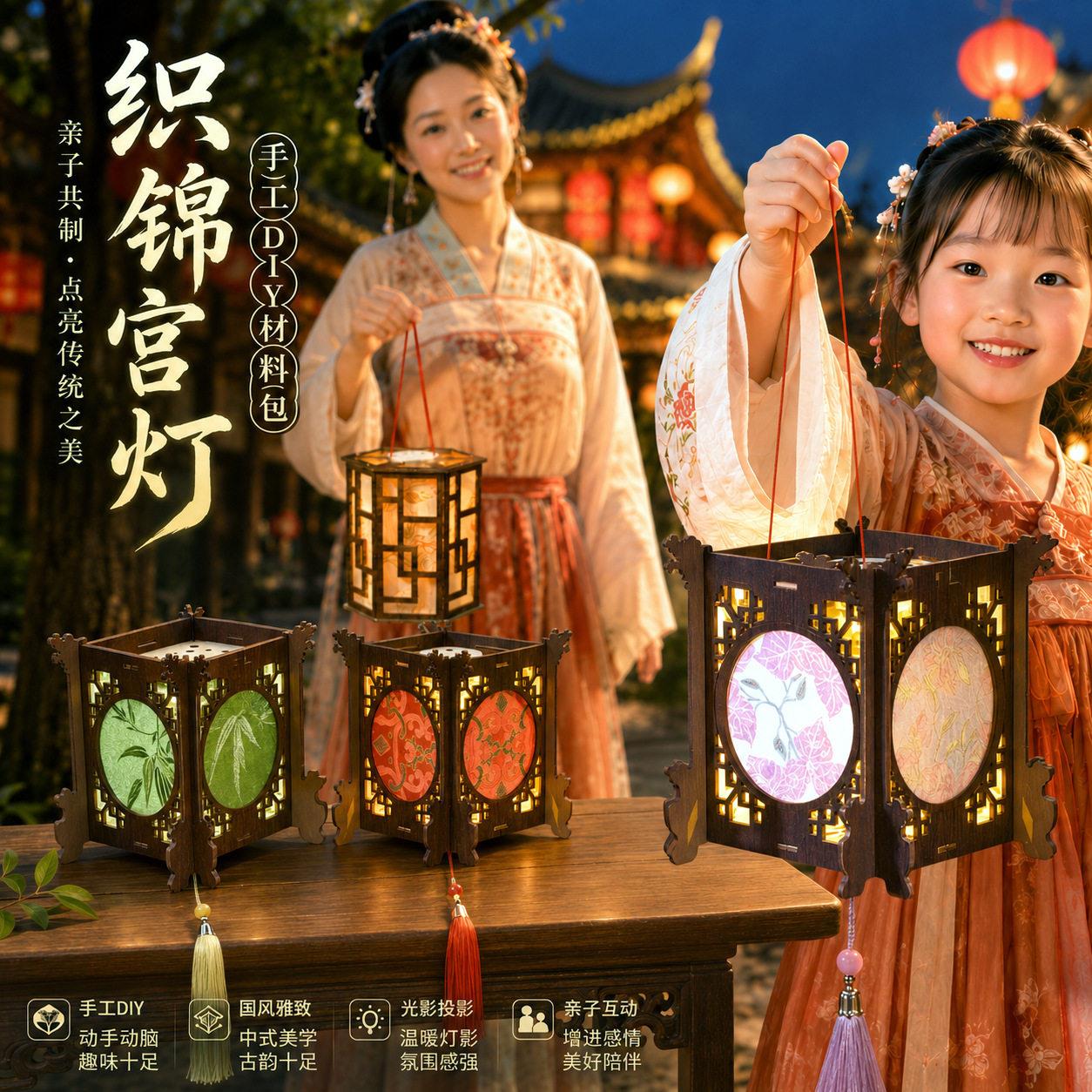 中秋节织锦灯笼手工儿童手提宋锦古风花灯活动礼物投影宫灯