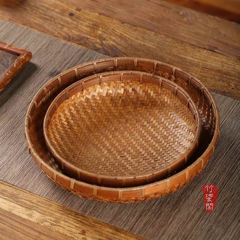 手工大漆茶具收纳盒家用馒头零食收纳筐中式果盘采摘竹编织品簸箕