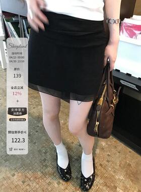 sheepland夏日伴侣 黑色网纱褶皱感半身裙女夏季显瘦a字包臀短裙