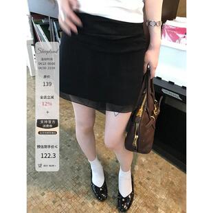 sheepland夏日伴侣 黑色网纱褶皱感半身裙女夏季显瘦a字包臀短裙
