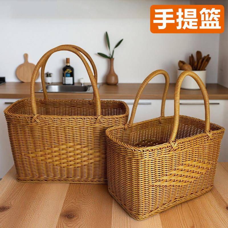 越南手工竹篮手提篮彷藤编纯手工编织中国结买菜篮子购物篮