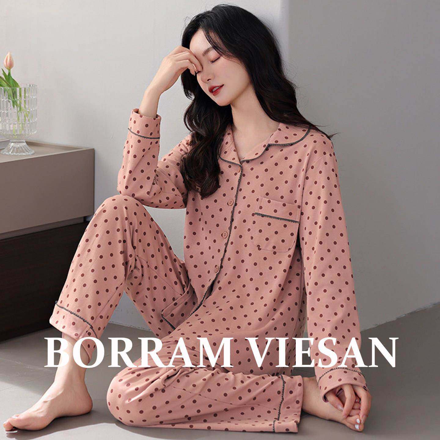 BORRAM VIESAN纯棉波点睡衣女春秋款舒适翻领女士长袖家居服套装