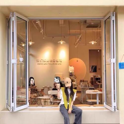 网红左右折叠推拉窗铝合金推拉门奶茶店开放式吧台吊轨折叠窗户