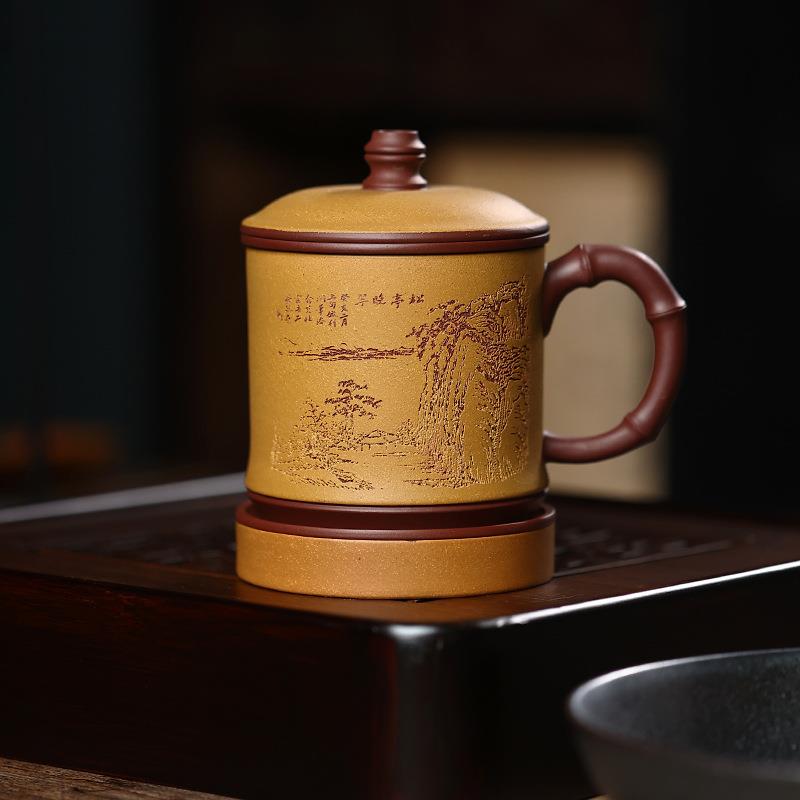 宜兴紫砂杯手工刻绘茶水分离商务杯黄金段套杯泥粉浆泡茶杯