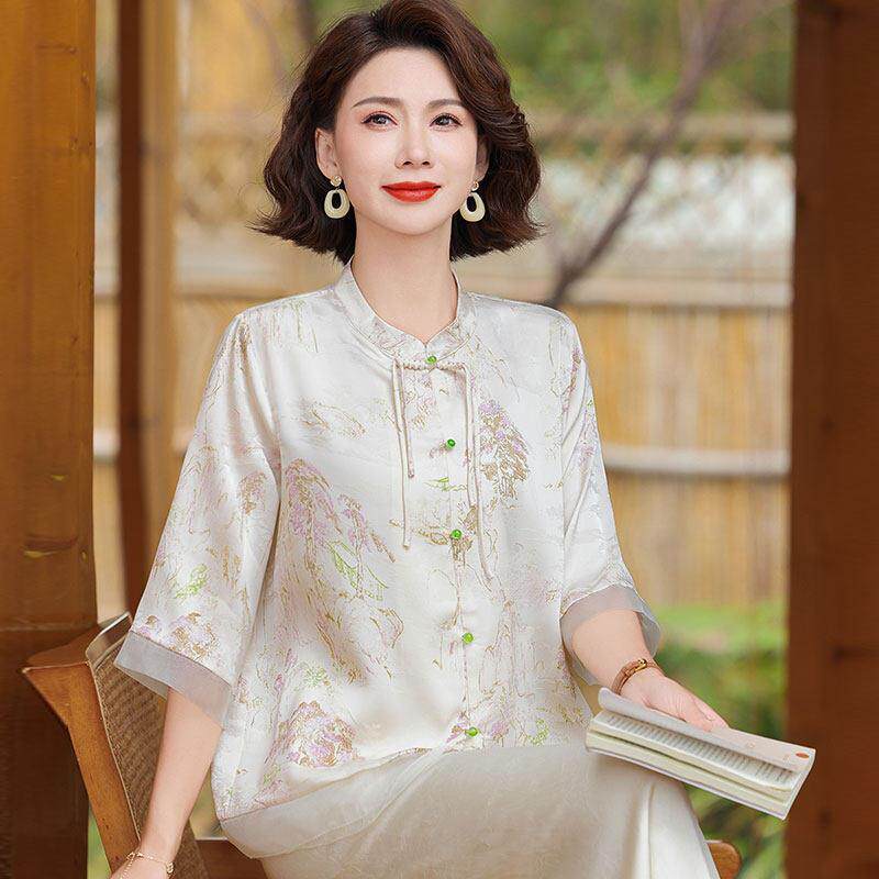 民族风中年妈妈夏装桑蚕丝七分袖衬衫女两件套大尺码真丝印花上衣