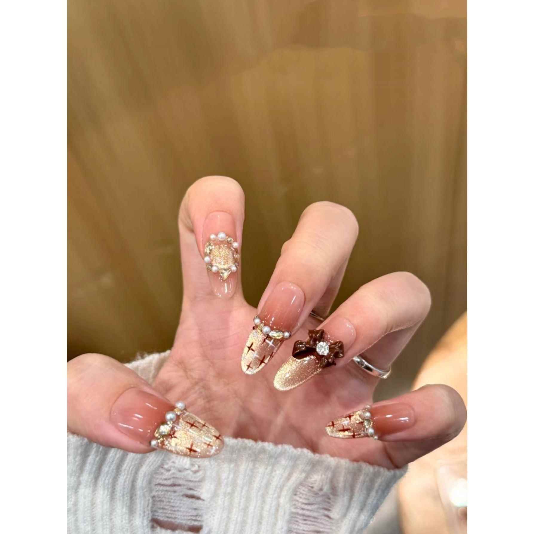 手工穿戴甲小香风轻奢气质显白猫眼珍珠法式千金蝴蝶结可拆卸贴片