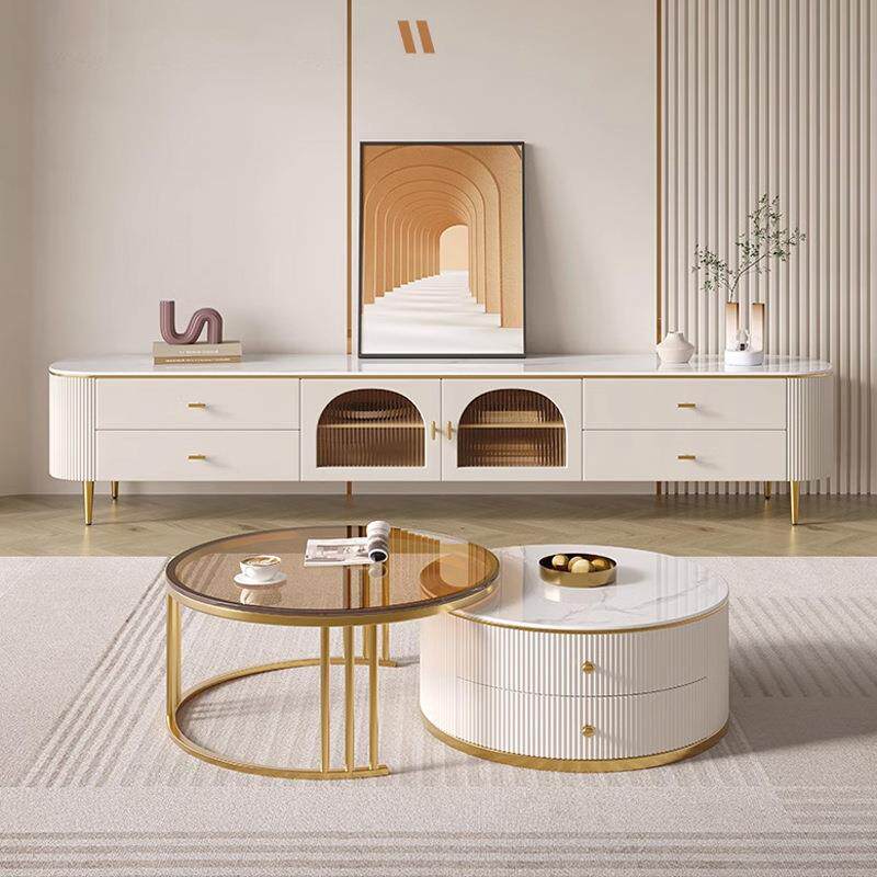 PC现货供应岩板茶几电视柜客厅家用简约现代高级感钢化玻璃圆形茶