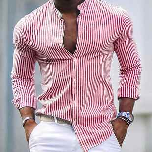 long sleeved shirt Men standing striped home collar