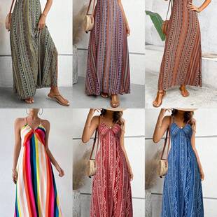 Women'S Printed Split Long Dress, Classic Striped Design,