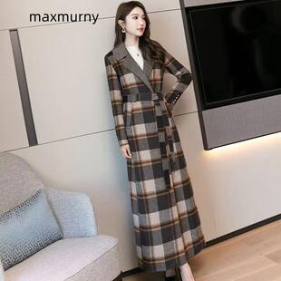 max双面羊绒大衣女超长款秋冬新款高端赫本风过膝格子羊毛呢外套