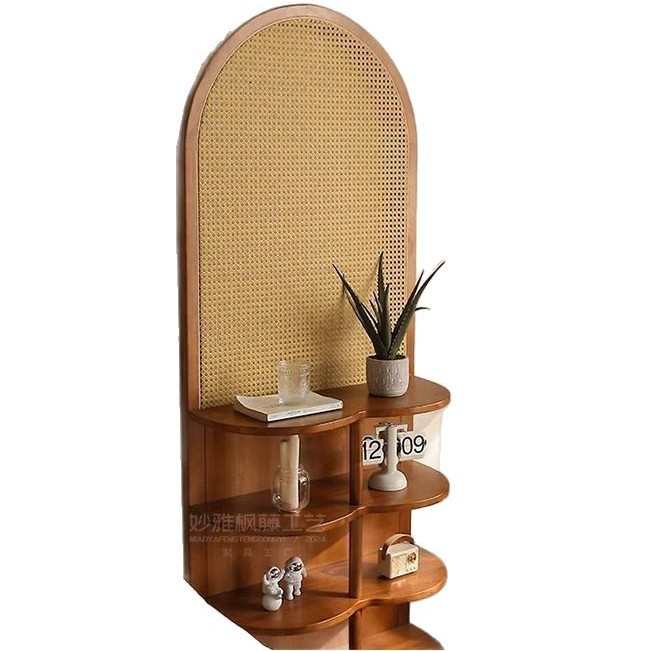 法式复古新中式实木藤编屏风隔断客厅移动民宿简约卧室玄关置物架