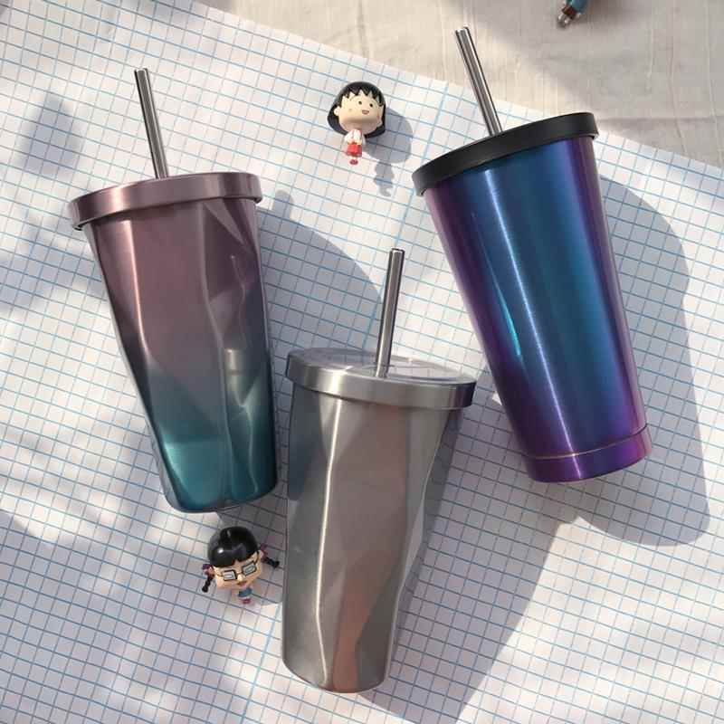 渐变色不锈钢吸管杯创意保温杯便携带盖个性男女士学生韩国水杯子