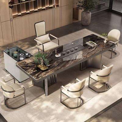 现代轻奢CKS椅岩板茶桌组合体大公板茶桌办室茶台烧水壶一茶台组