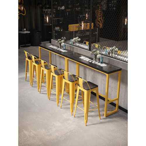 实木高腿桌椅组合网红创意咖啡厅奶茶店壁挂式长桌入口铁条桌