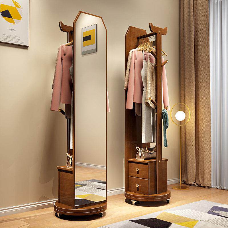 全身镜全身镜落地镜实木家用卧室轻奢可旋转带抽屉挂衣架全身镜子