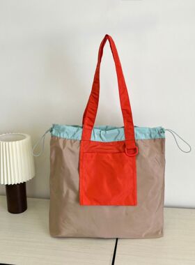 2025新款抽绳拼色大容量折叠购物袋防水单肩包百搭通勤布袋子现货