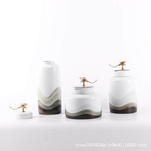 新中式金样属蜻蜓居陶瓷储物罐创意摆件室内软装家房板玄关装HXR