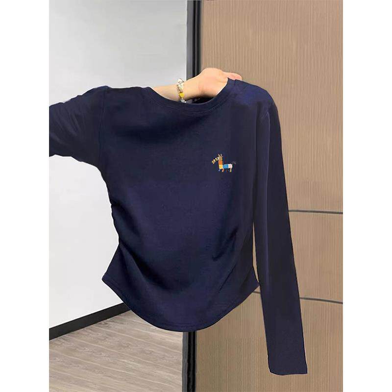 韩国2025新款正肩纯棉收腰长袖t恤女装修身藏青色上衣打底衫秋季
