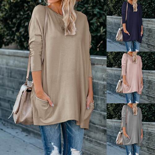 Women's new long sleeved pocket T-shirt top