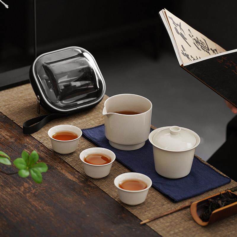 草木灰旅行茶具一壶三杯便携式快客杯套装户外露营家用陶瓷茶碗