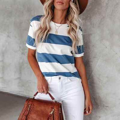 Blue and white striped printed round neck short sleeved