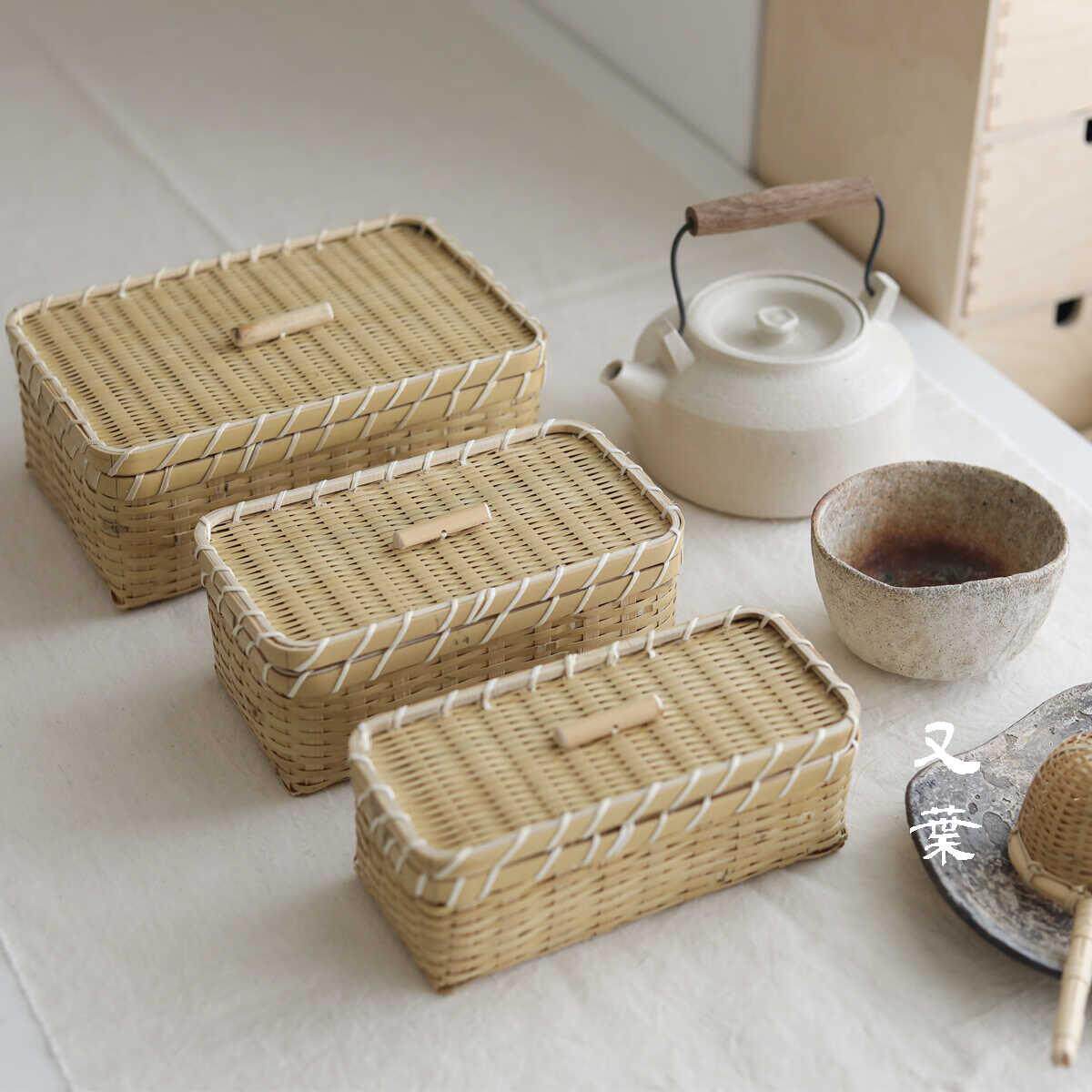 出口日本手工竹编天然厨房收纳盒茶具茶点编织面包篮饭盒饭盒