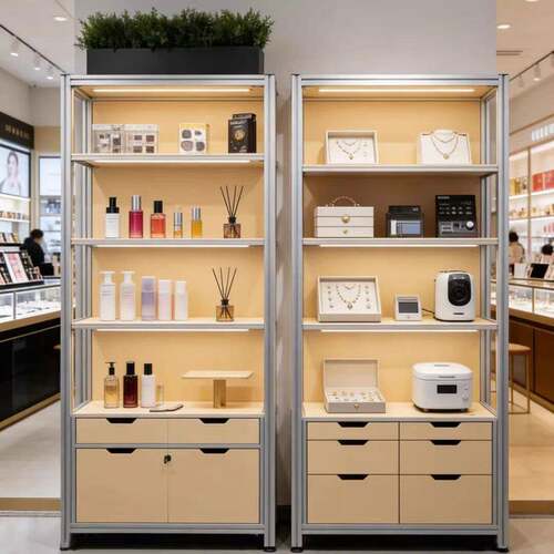 铝挤型材料桦木精致内嵌灯带分侧带锁高端店多品类装饰储物柜子展