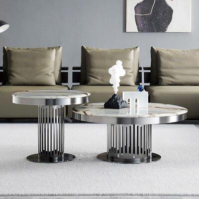 意式圆桌大理石面茶几组合现代极简金属茶几边几小户型客厅家具