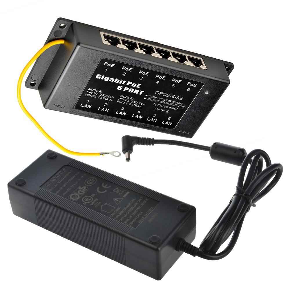 6口千兆POE中跨以太网供电注入器配48V120W电源 POE中跨POE注入器
