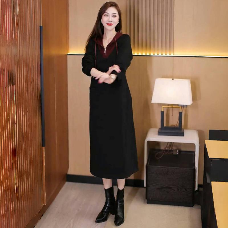 极速假两件连帽连衣裙女春秋新款胖MM时尚长袖裙子遮肉显瘦中长卫