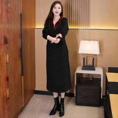 极速假两件连帽连衣裙女春秋新款胖MM时尚长袖裙子遮肉显瘦中长卫