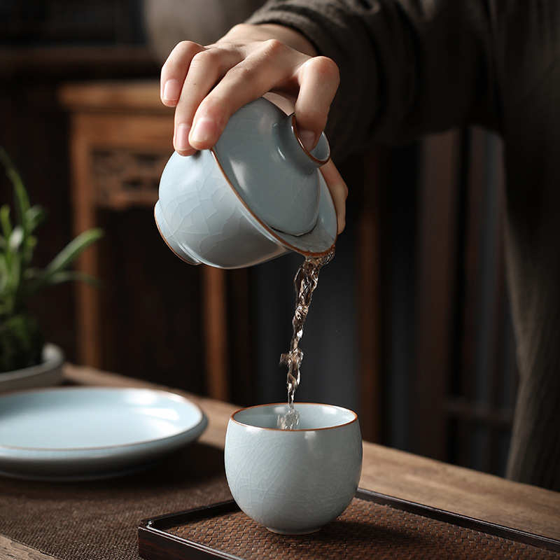 汝窑盖碗单个功夫茶具沏茶器汝瓷开片复古茶杯不烫手三才八宝茶碗
