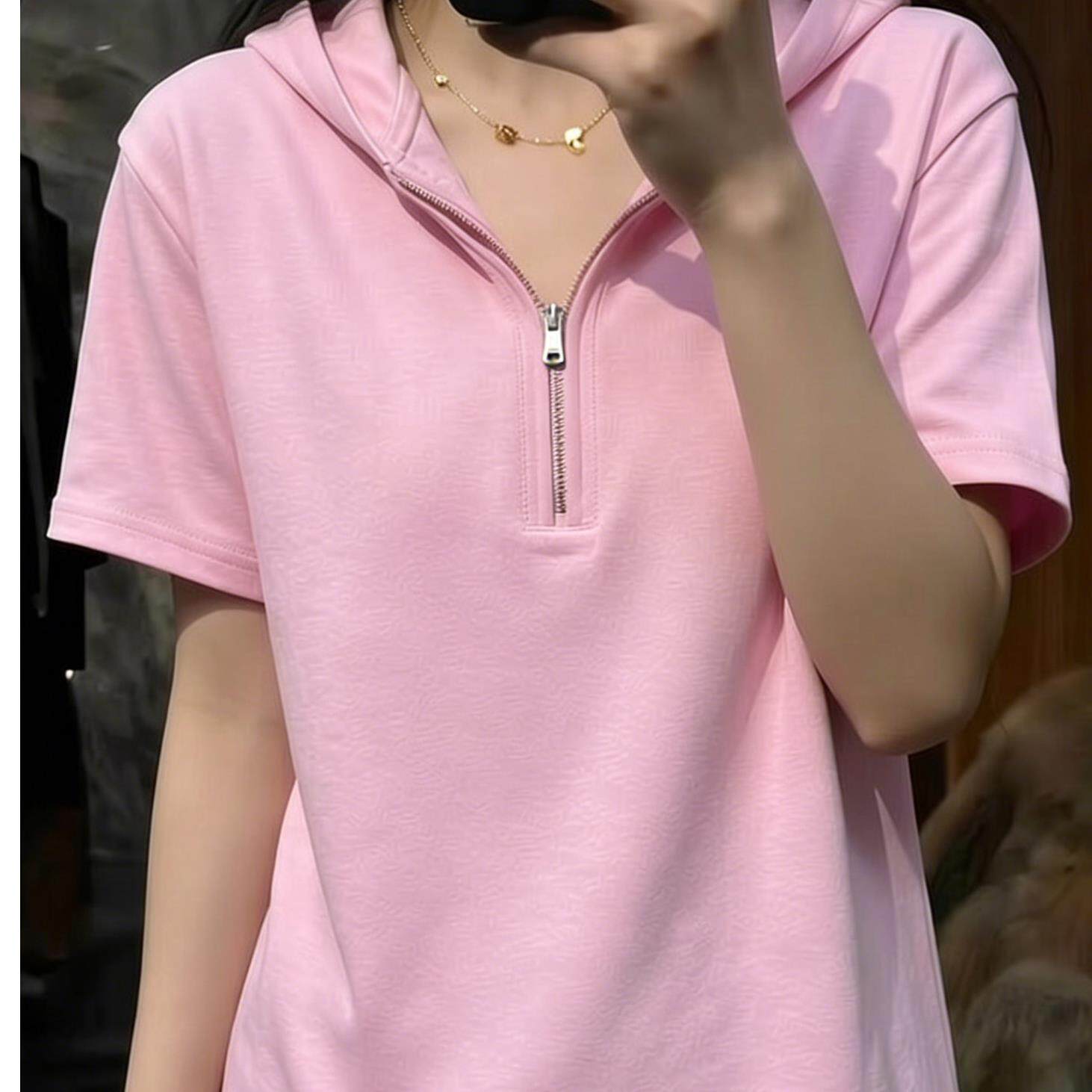 潮牌慵懒风宽松纯色减龄短袖t恤夏季韩版通勤百搭设计感连帽上衣