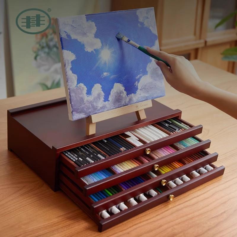 丰丰复古胡桃色美术生抽屉画箱画盒画具收纳架画架彩铅收纳抽屉马
