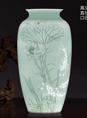 高档景德镇陶描手绘半刀金泥花瓷瓶电插花客厅视柜家居装饰品工艺