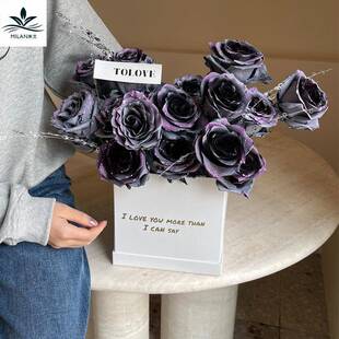 新款触感皮纹烫金英文触皮纹花盒方形捧鲜感花包装花盒束手盒花艺