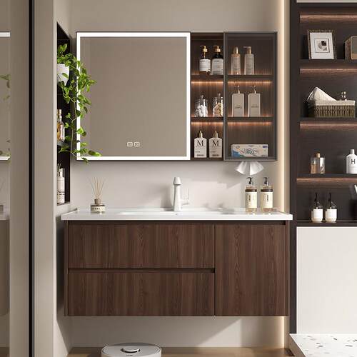 中古风胡桃木蜂窝铝浴室柜陶瓷一体洗手盆洗脸池加厚太空铝洗漱台