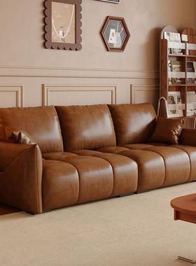 覆古油蜡皮沙发现代简约客厅大小户型直排三人位做旧中古风沙发