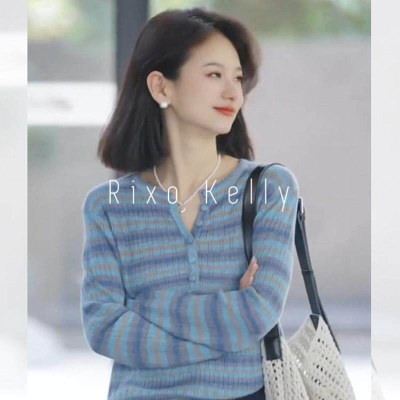 Rixo Kelly渐变条纹设计感百搭防晒长袖t恤女气质高级感宽松上衣