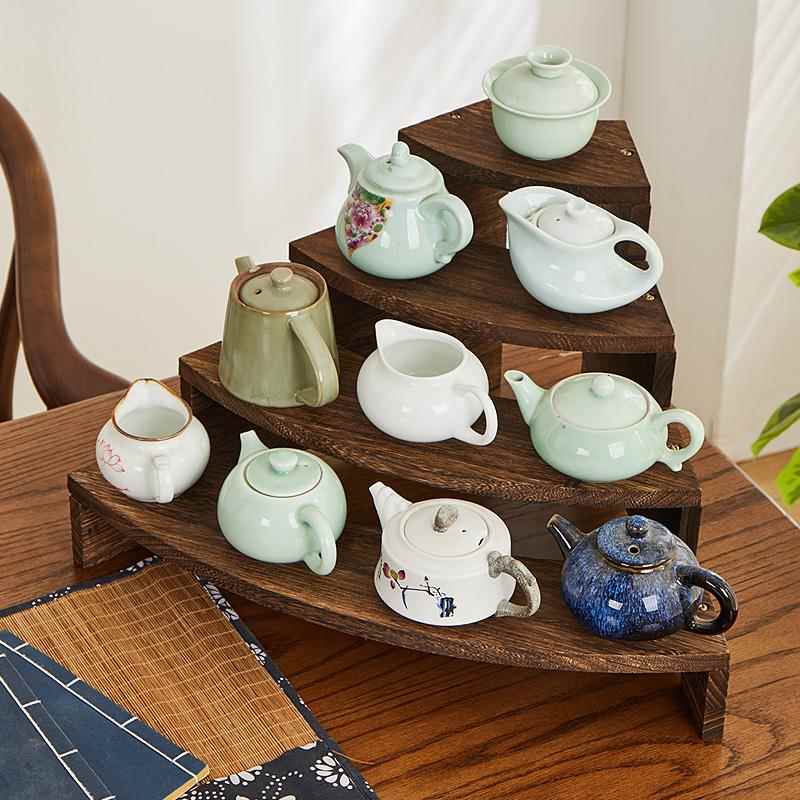 实木中式茶壶收纳架禅意展示架多层茶具置物架梯形马克杯摆放展架