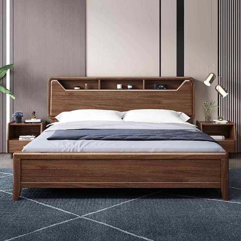北欧轻奢胡桃木全实木1米5单人床现代简约家用主卧室1米8双人婚床