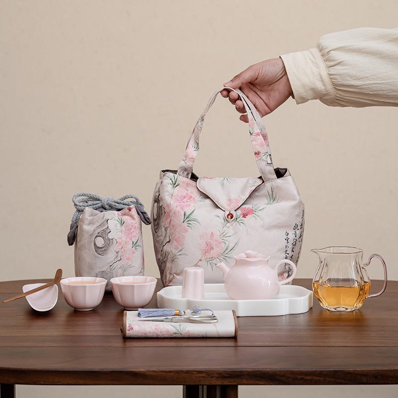 色釉旅行茶具套装泡茶壶户外便携式陶瓷女士小清新粉色玻璃茶海