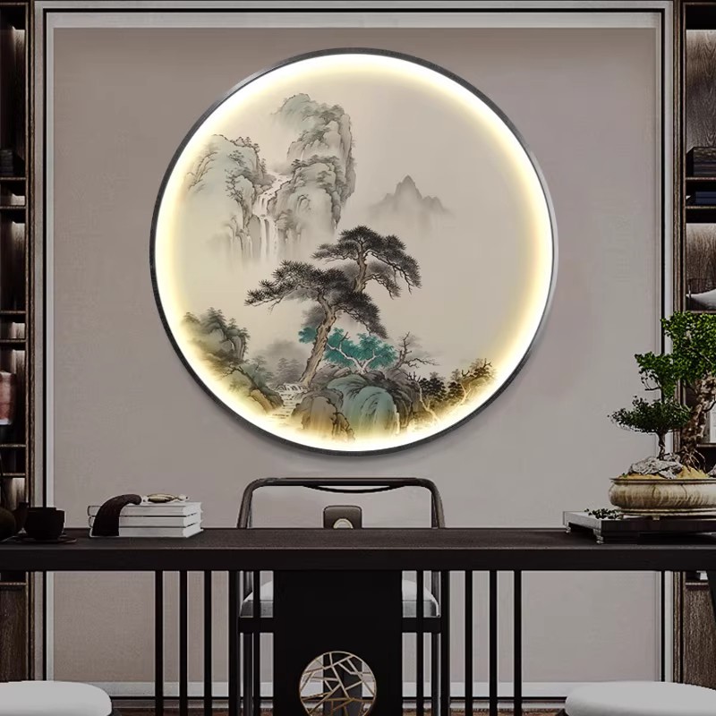 青山绿水迎客松圆形带灯玄关装饰画新中式入户正对门挂画山水壁画