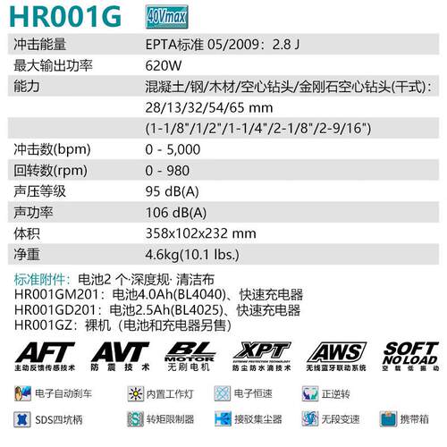 牧田（DHGMAKITA）R00两1HG充电式四柄电锤冲击钻锤钻40V电一充坑