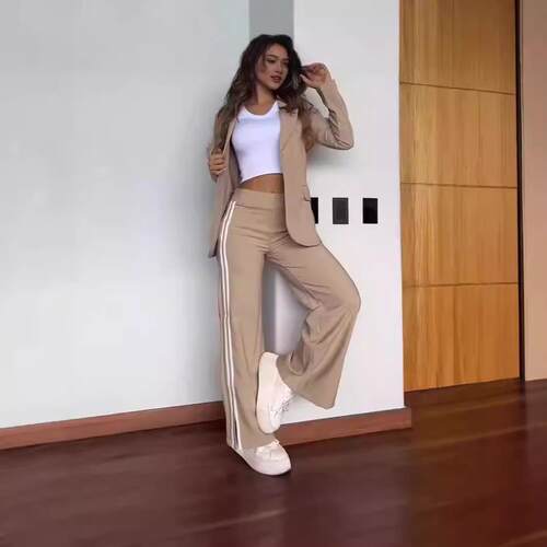 Women's Casual Suit Set  Pure Color Fitted Top + Loose Fit