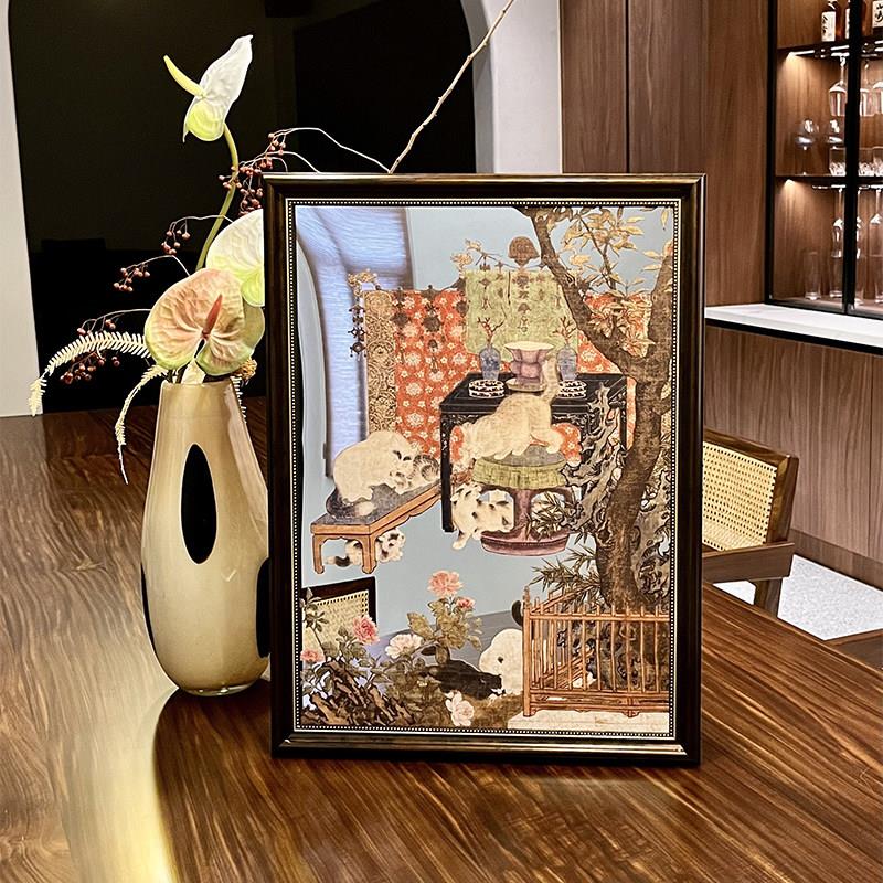 法式中古镜子画 画中式戏猫图小众镜面摆件画 画装饰镜客厅卧室艺