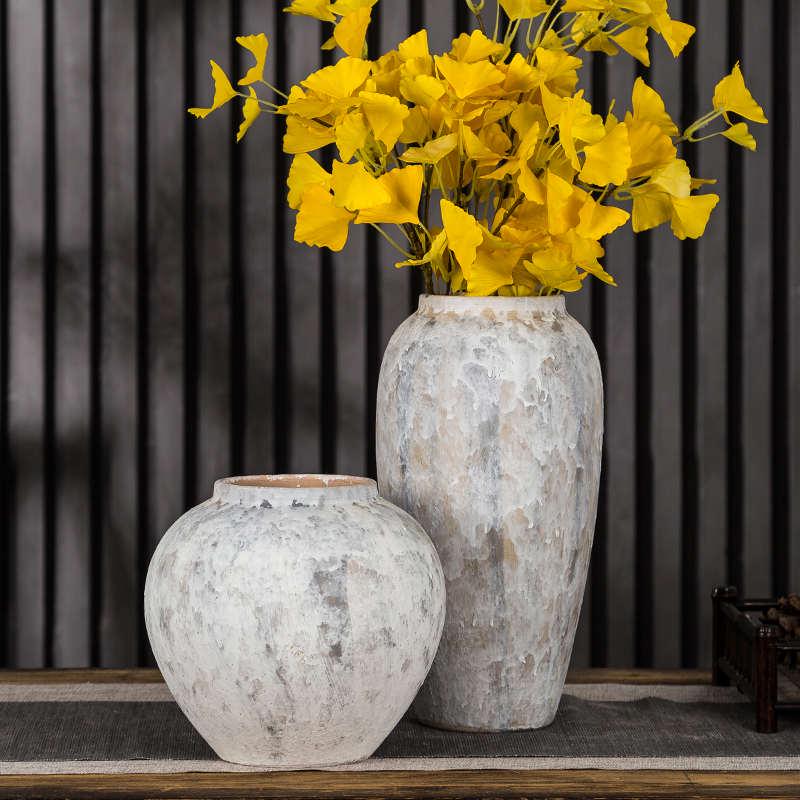 景德镇现代简约干花陶瓷插花花瓶中式摆件复古做旧手工白色粗陶罐