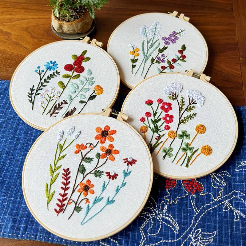 简单花草新品刺绣diy花卉挂画鲁绣手工布艺材料包套件创意英文画