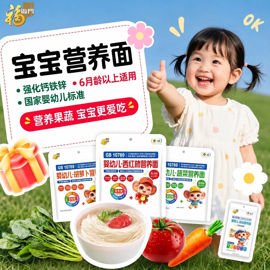 福临门旗舰店婴幼儿无盐果蔬面条宝宝营养辅食面强化钙铁锌30克